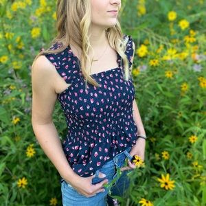 Navy blue with pink flowers top
